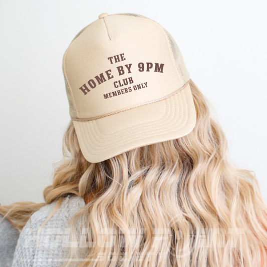 Home By 9pm Club Funny Classic Foam Trucker Hat for Women Khaki