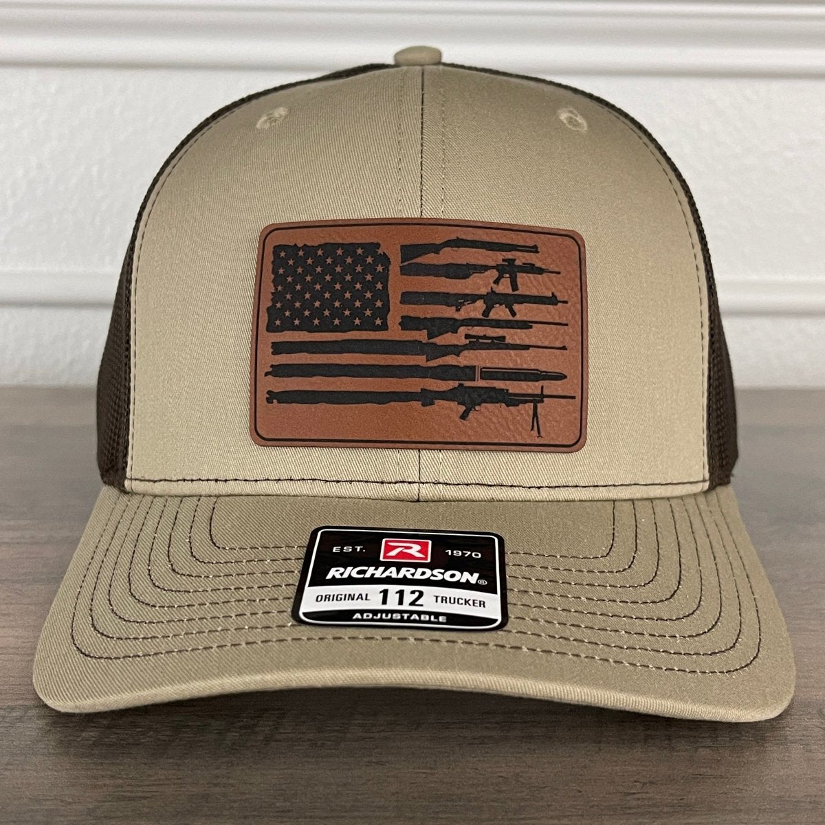 2nd Amendment 2A American Flag Patriotic Leather Patch Hat Khaki/Brown - VividEditions