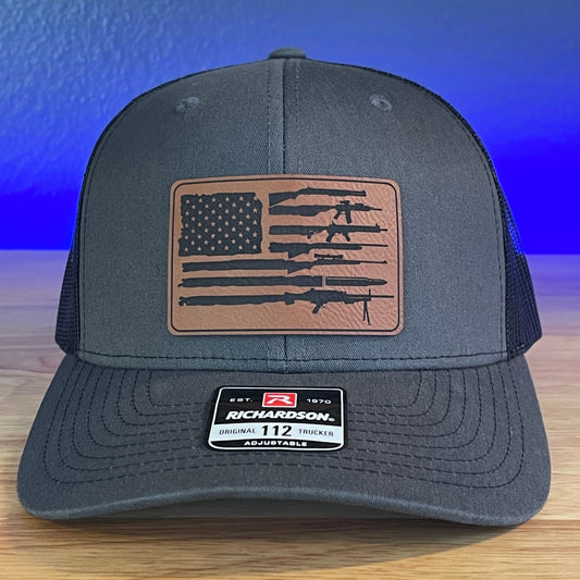 2ND AMENDMENT AMERICAN FLAG Patriotic Leather Patch Hat Charcoal/Black - VividEditions