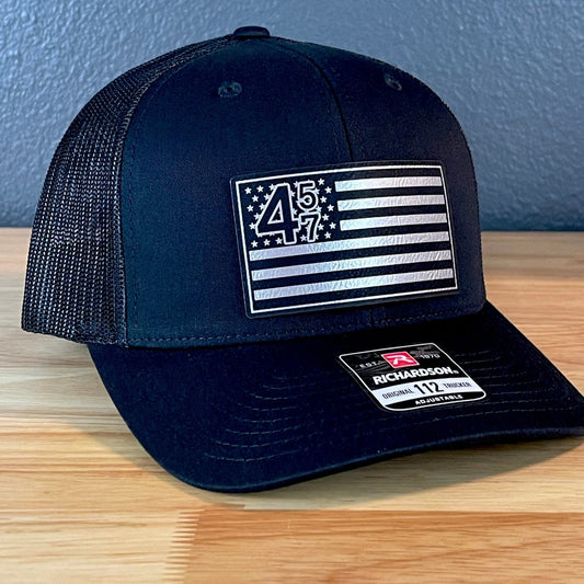 45 47 Inauguration American Flag Patriotic SnapBack Trucker Leather Patch Hat Blk/Silv Patch Hat