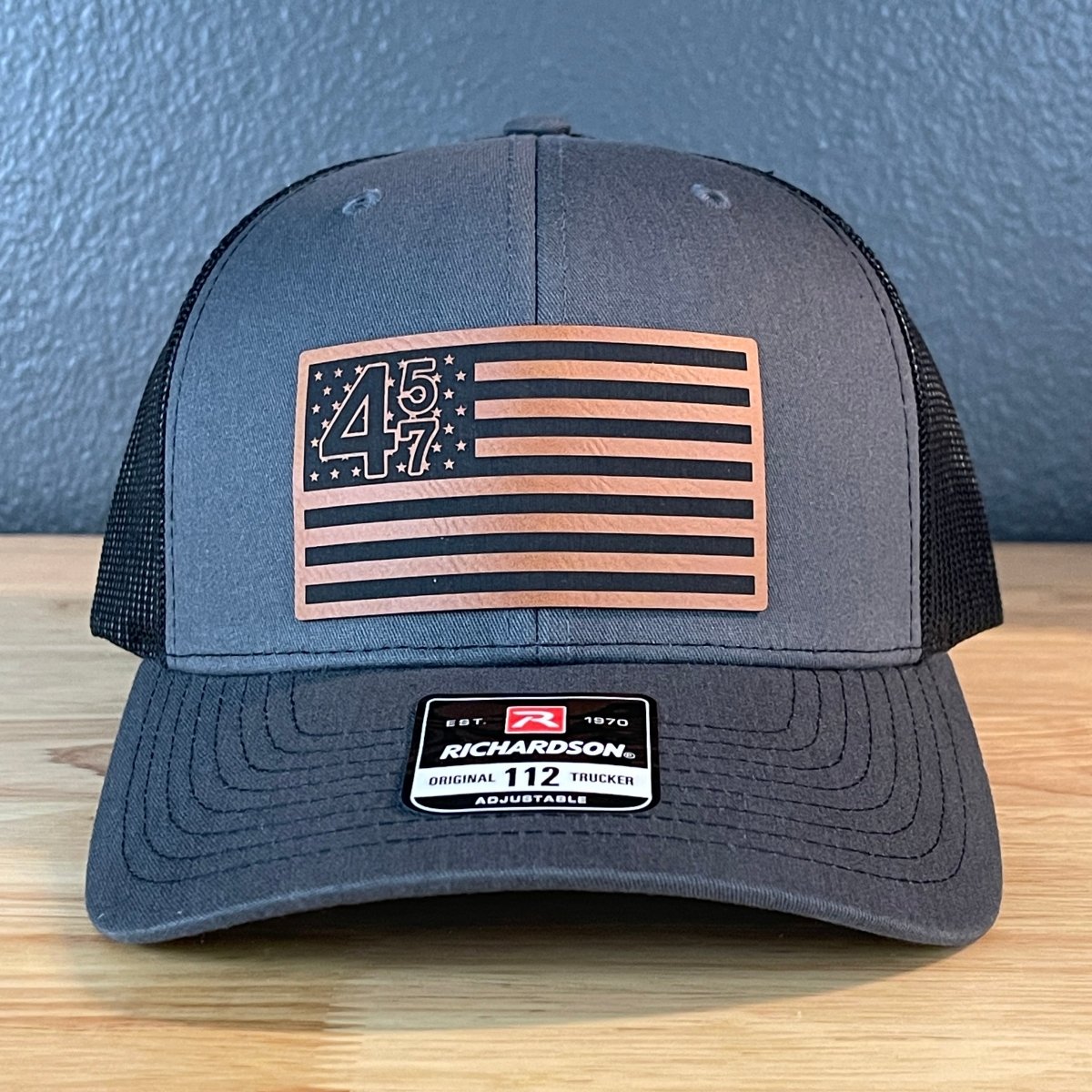 45 47 Inauguration American Flag Patriotic SnapBack Trucker Rawhide Leather Patch Hat Charcoal Patch Hat