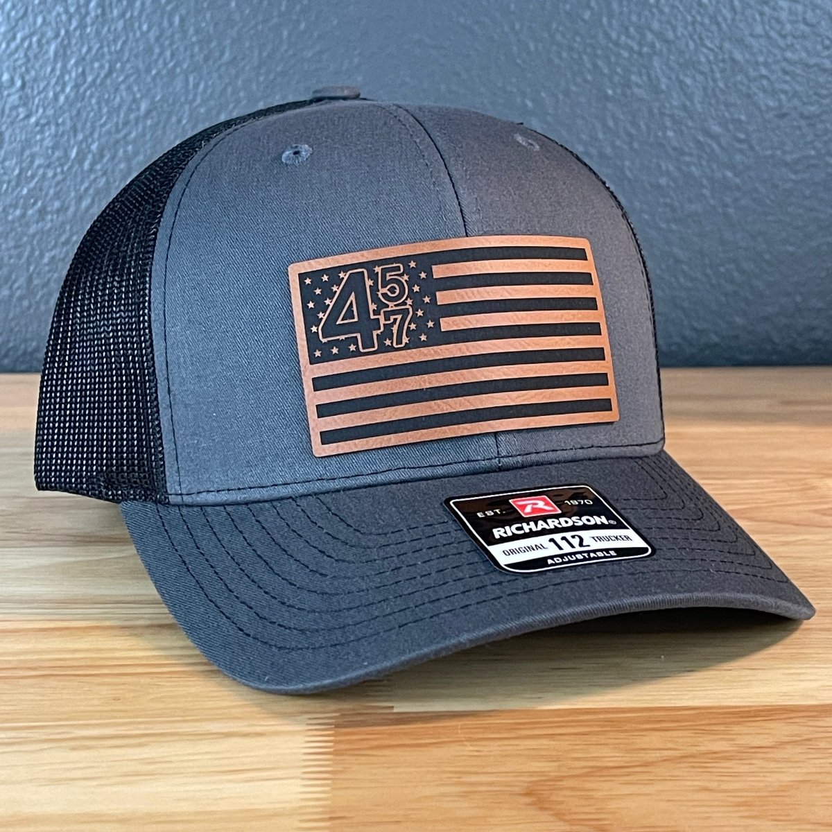 45 47 Inauguration American Flag Patriotic SnapBack Trucker Rawhide Leather Patch Hat Charcoal Patch Hat