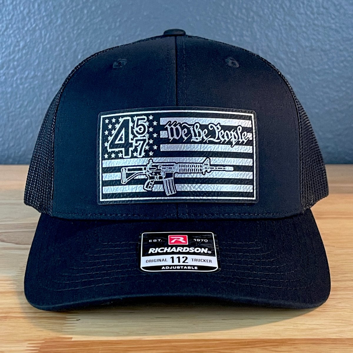 45 47 We the People 2A American Flag SnapBack Trucker Leather Patch Hat Blk/Silv Patch Hat