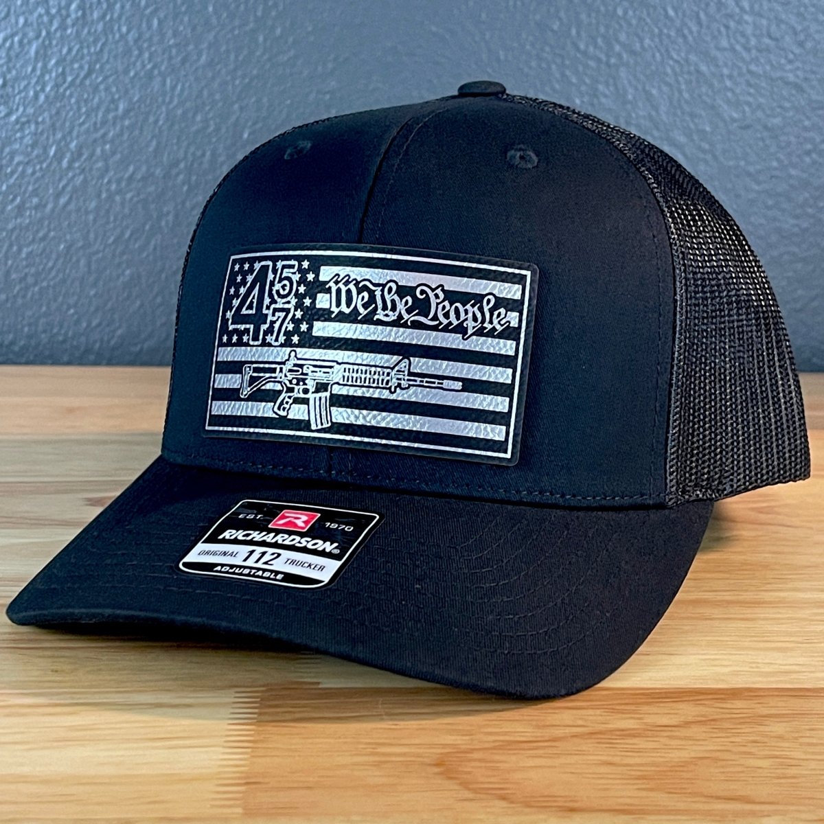 45 47 We the People 2A American Flag SnapBack Trucker Leather Patch Hat Blk/Silv Patch Hat