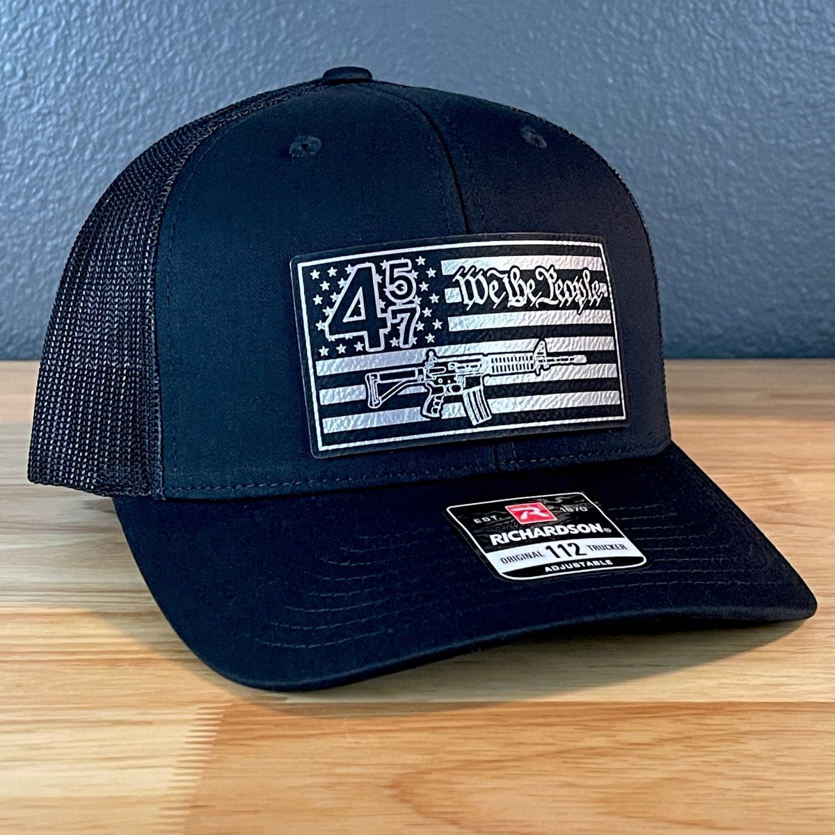 45 47 We the People 2A American Flag SnapBack Trucker Leather Patch Hat Blk/Silv Patch Hat