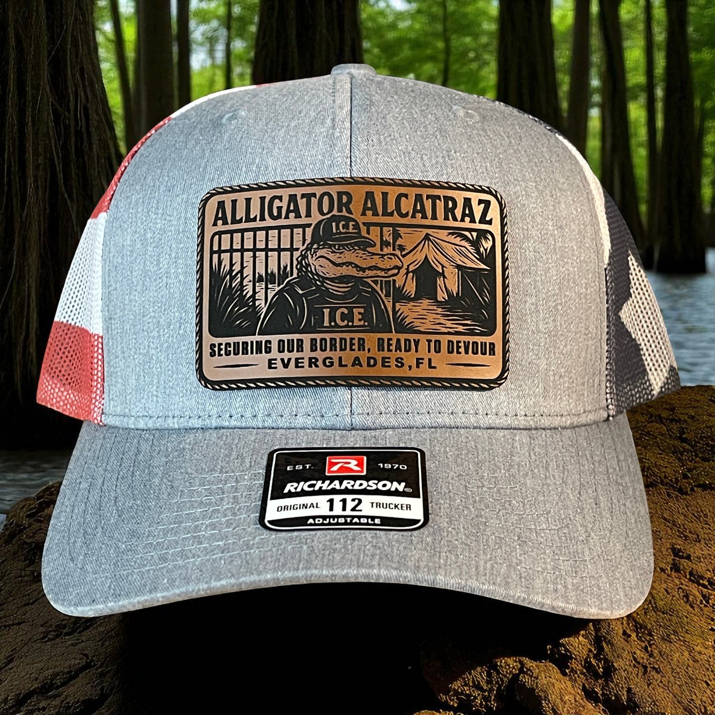 Alligator Alcatraz Swamp ICE Funny Leather Patch SnapBack Trucker Hat