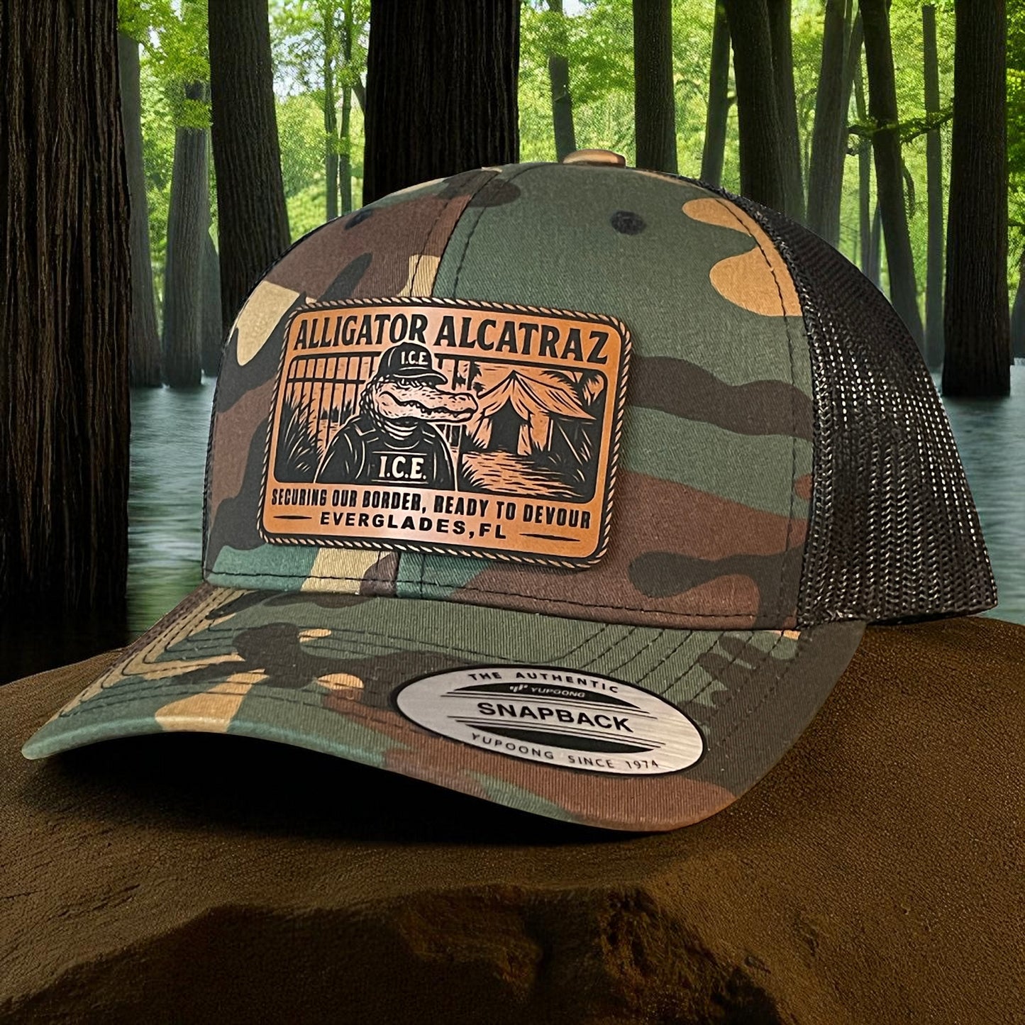 Alligator Alcatraz Swamp ICE Funny Leather Patch SnapBack Trucker Hat