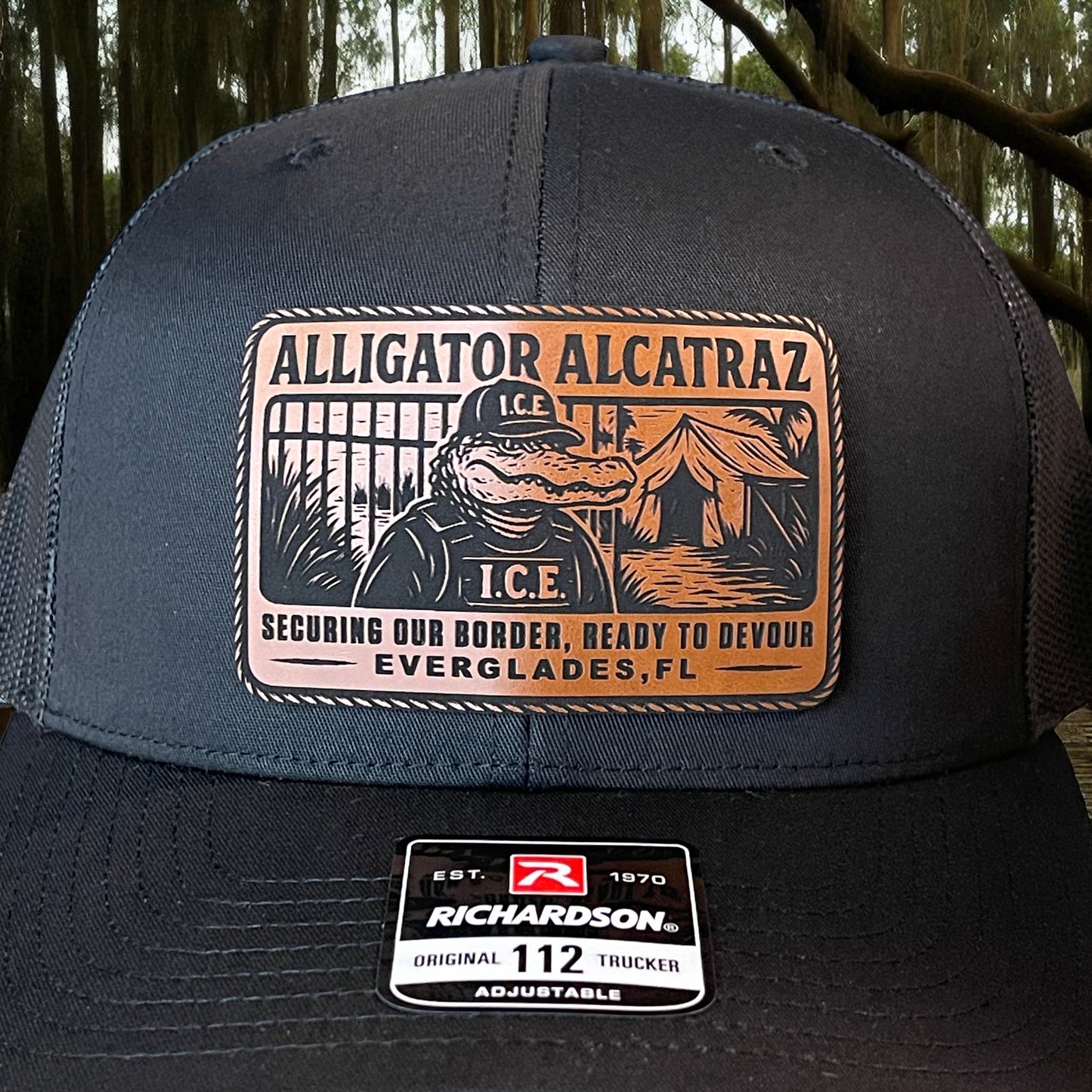 Alligator Alcatraz Swamp ICE Funny Leather Patch SnapBack Trucker Hat