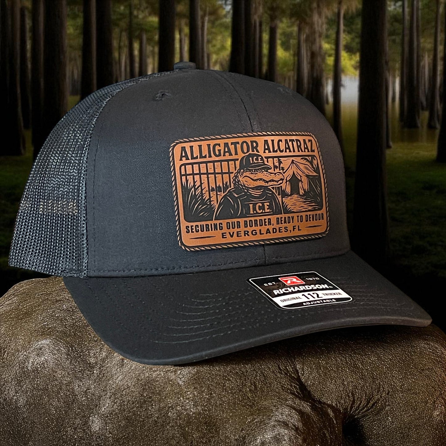 Alligator Alcatraz Swamp ICE Funny Leather Patch SnapBack Trucker Hat
