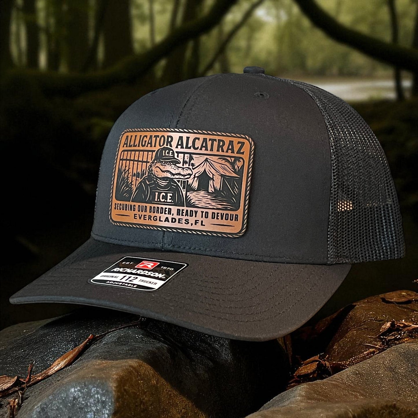 Alligator Alcatraz Swamp ICE Funny Leather Patch SnapBack Trucker Hat