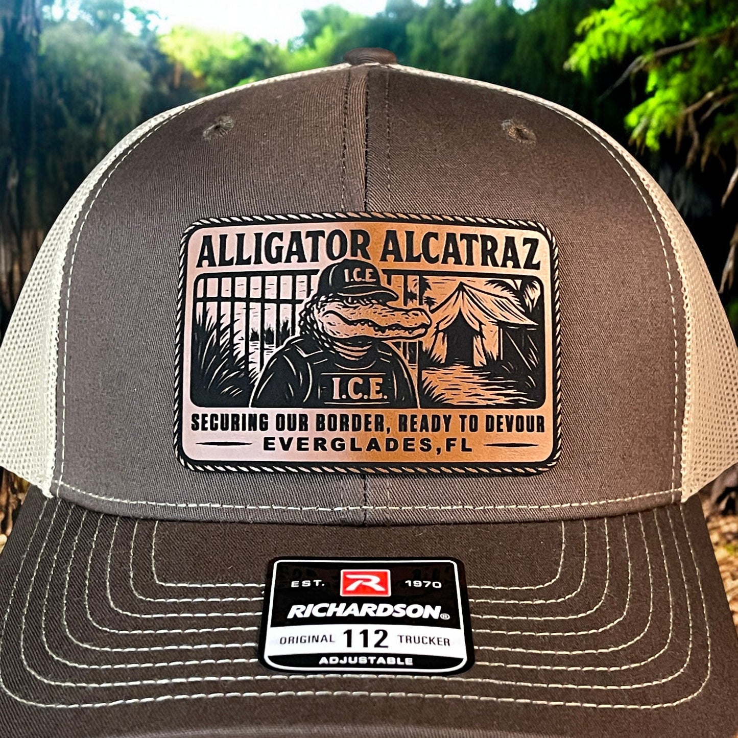 Alligator Alcatraz Swamp ICE Funny Leather Patch SnapBack Trucker Hat