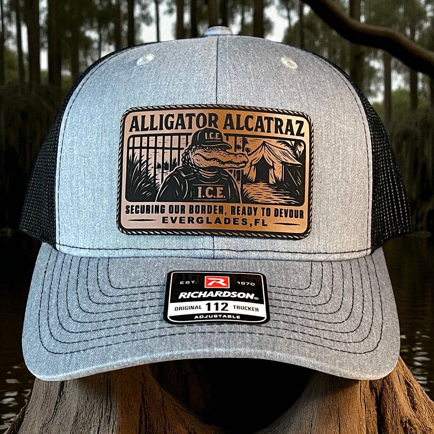 Alligator Alcatraz Swamp ICE Funny Leather Patch SnapBack Trucker Hat