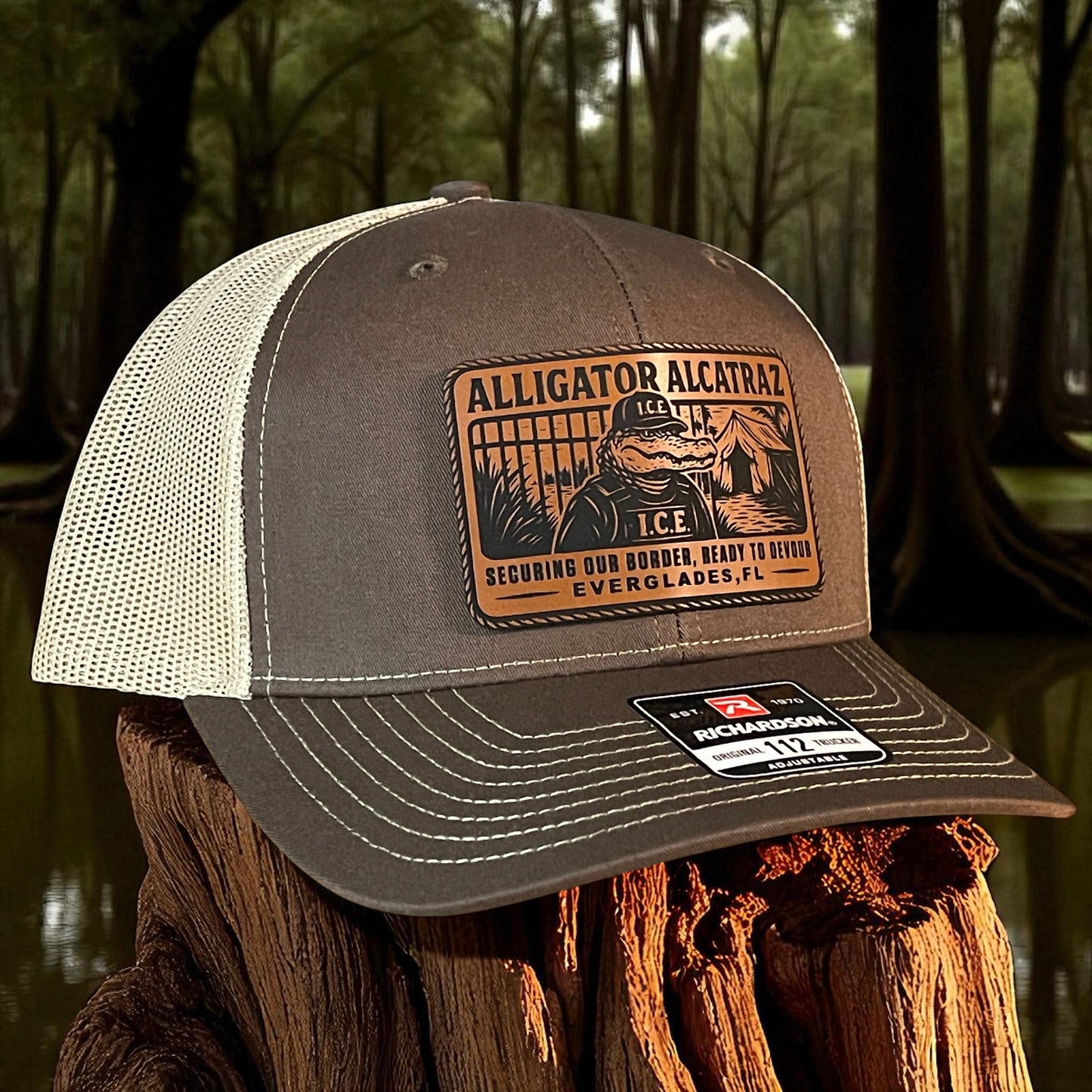 Alligator Alcatraz Swamp ICE Funny Leather Patch SnapBack Trucker Hat