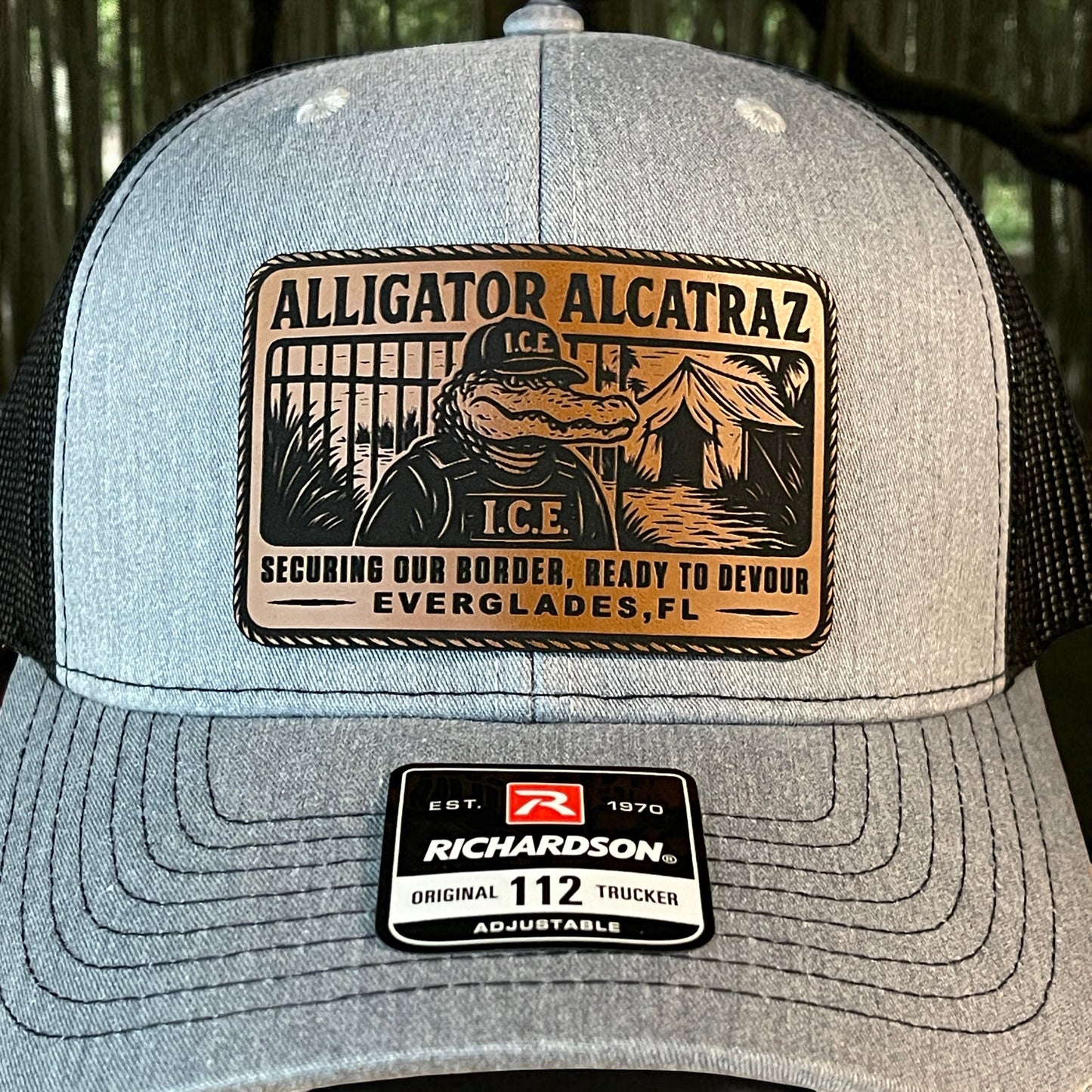 Alligator Alcatraz Swamp ICE Funny Leather Patch SnapBack Trucker Hat