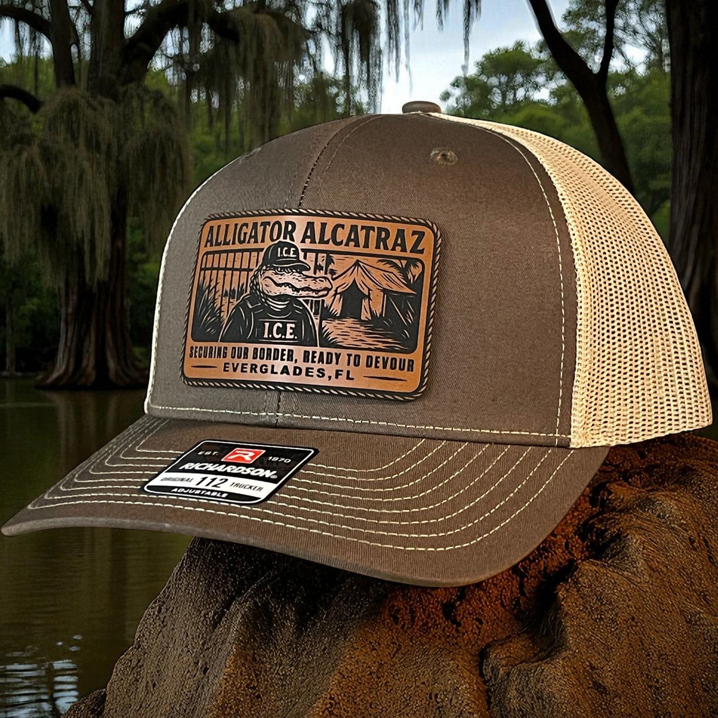 Alligator Alcatraz Swamp ICE Funny Leather Patch SnapBack Trucker Hat