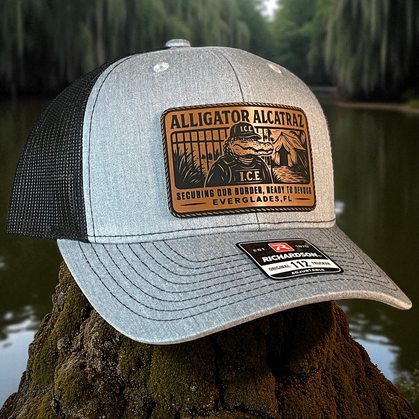 Alligator Alcatraz Swamp ICE Funny Leather Patch SnapBack Trucker Hat
