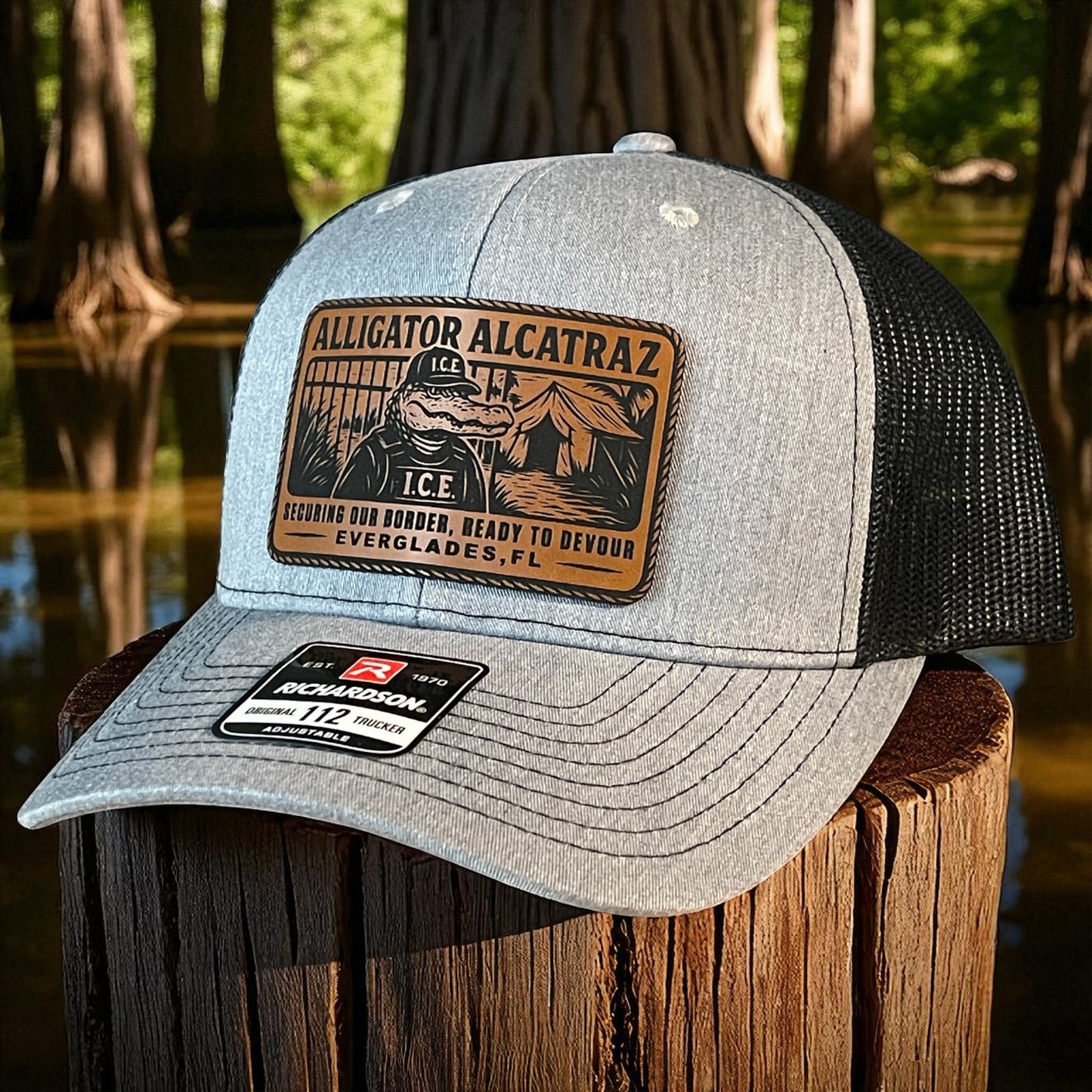Alligator Alcatraz Swamp ICE Funny Leather Patch SnapBack Trucker Hat