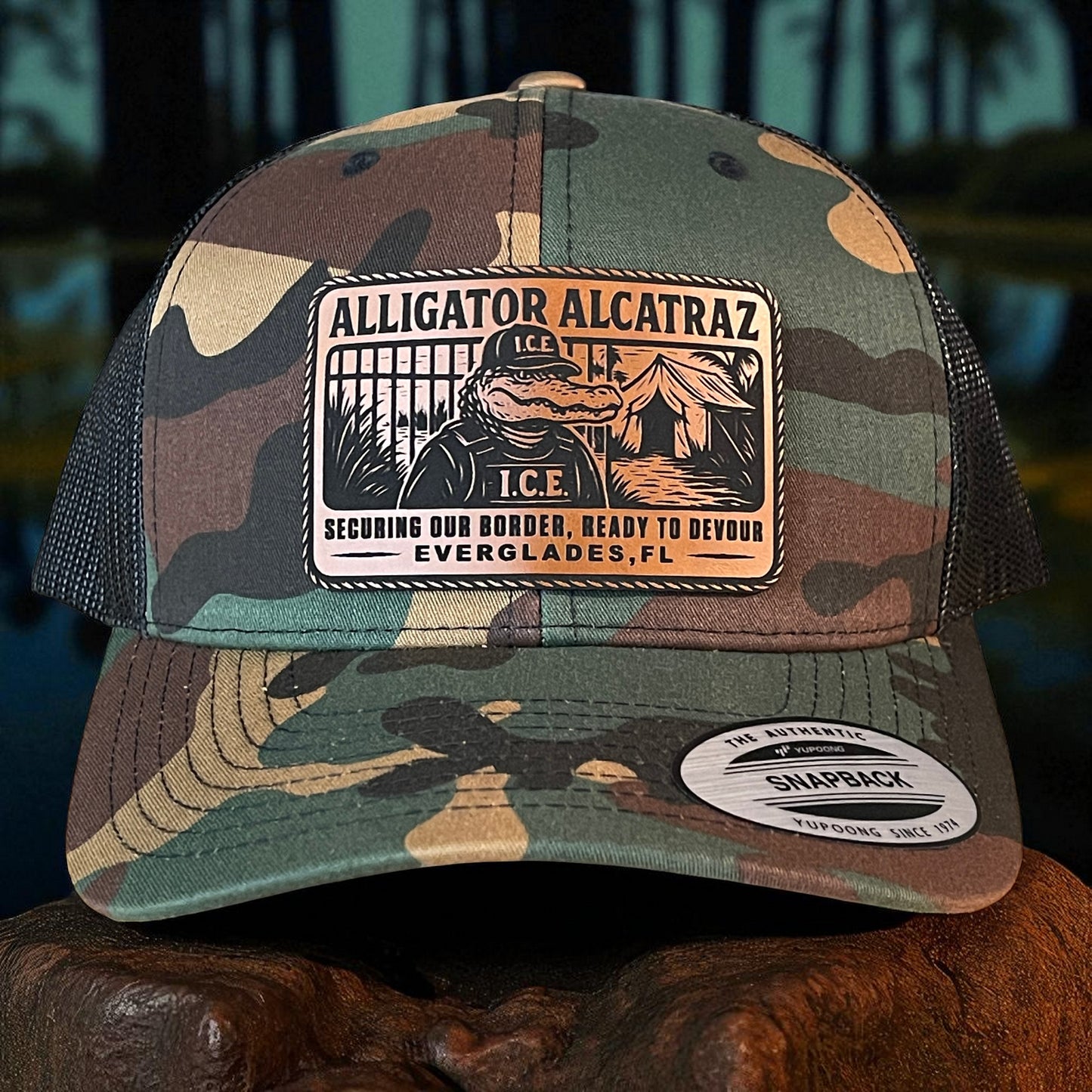 Alligator Alcatraz Swamp ICE Funny Leather Patch SnapBack Trucker Hat