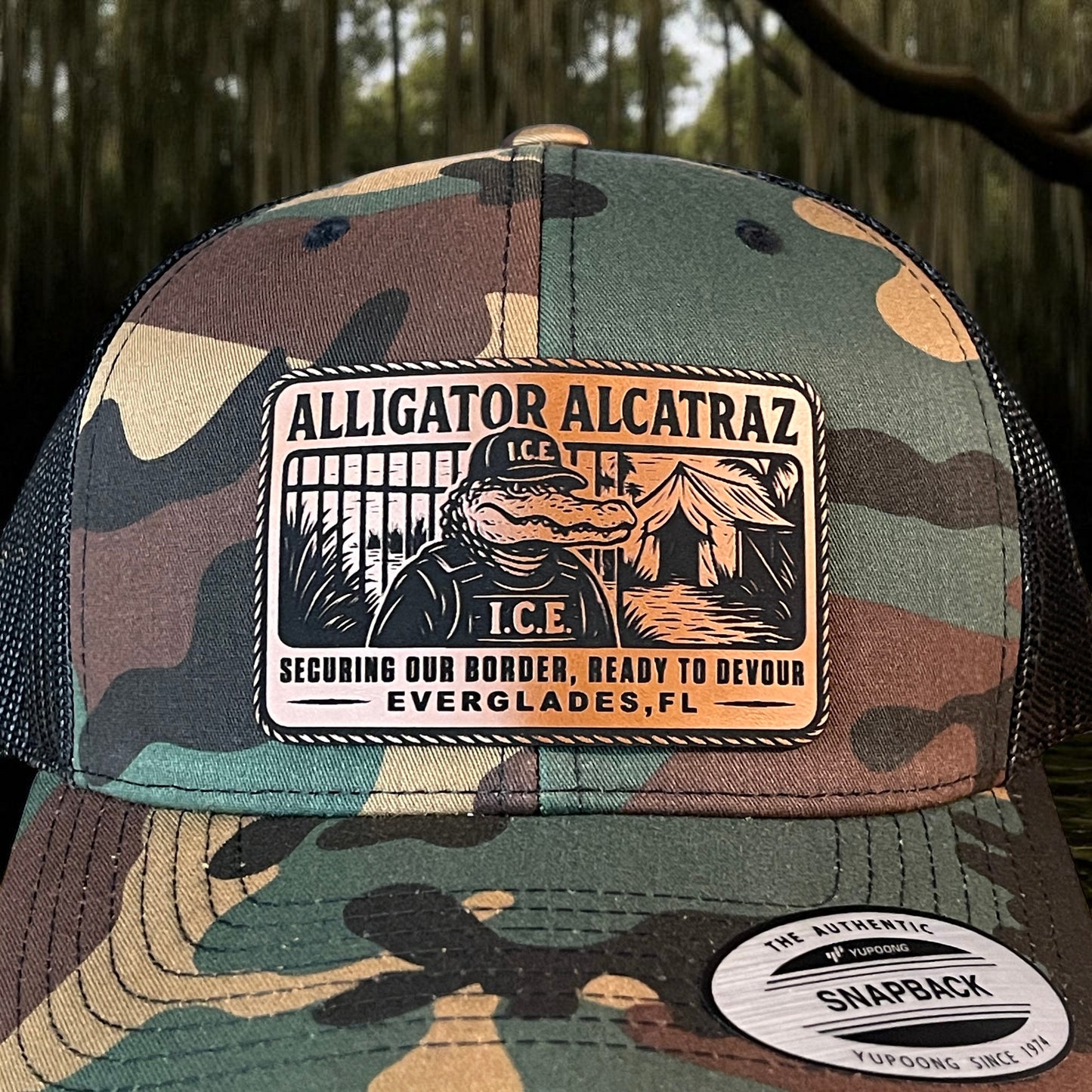 Alligator Alcatraz Swamp ICE Funny Leather Patch SnapBack Trucker Hat