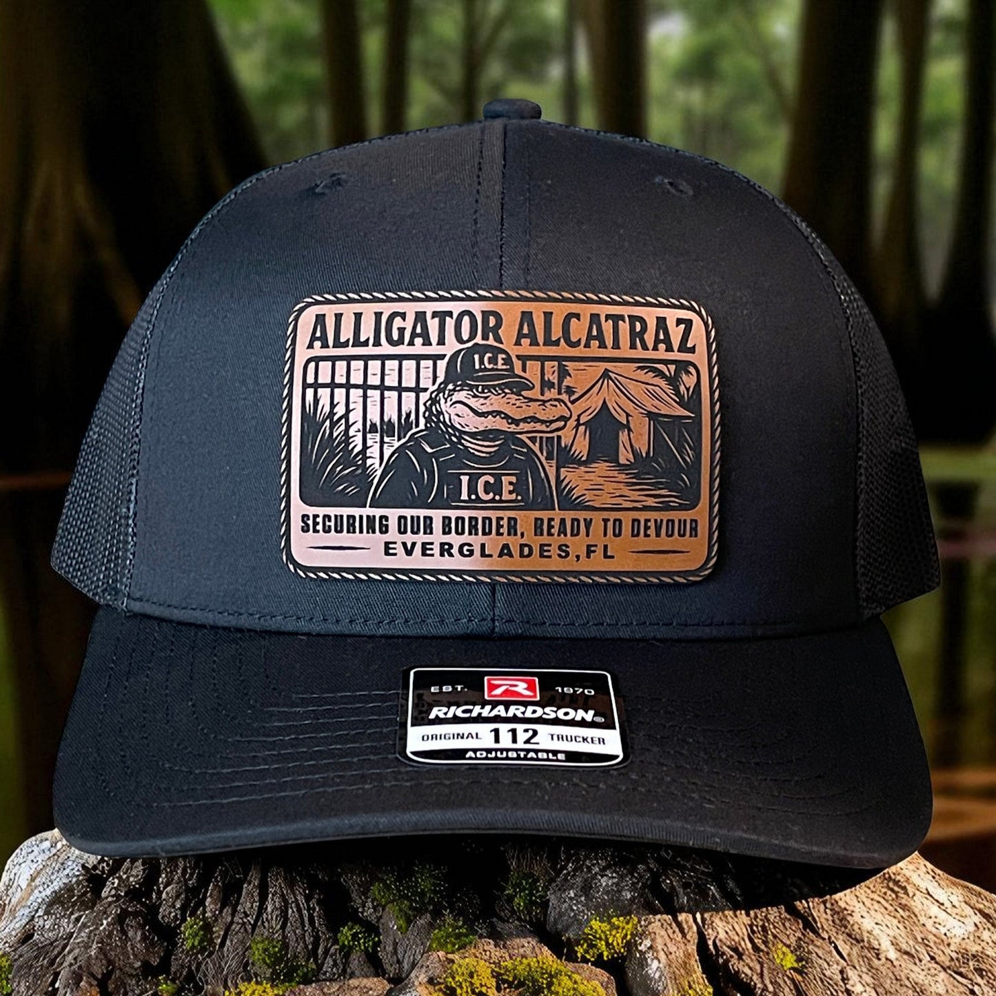 Alligator Alcatraz Swamp ICE Funny Leather Patch SnapBack Trucker Hat