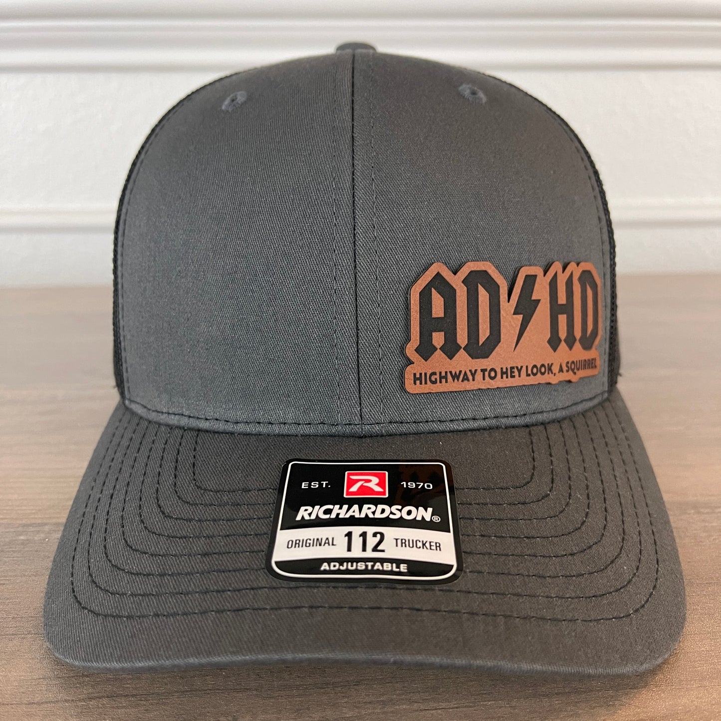 ADHD The Highway To Hey Look, A Squirrel Funny Leather Patch Hat Charcoal/Black