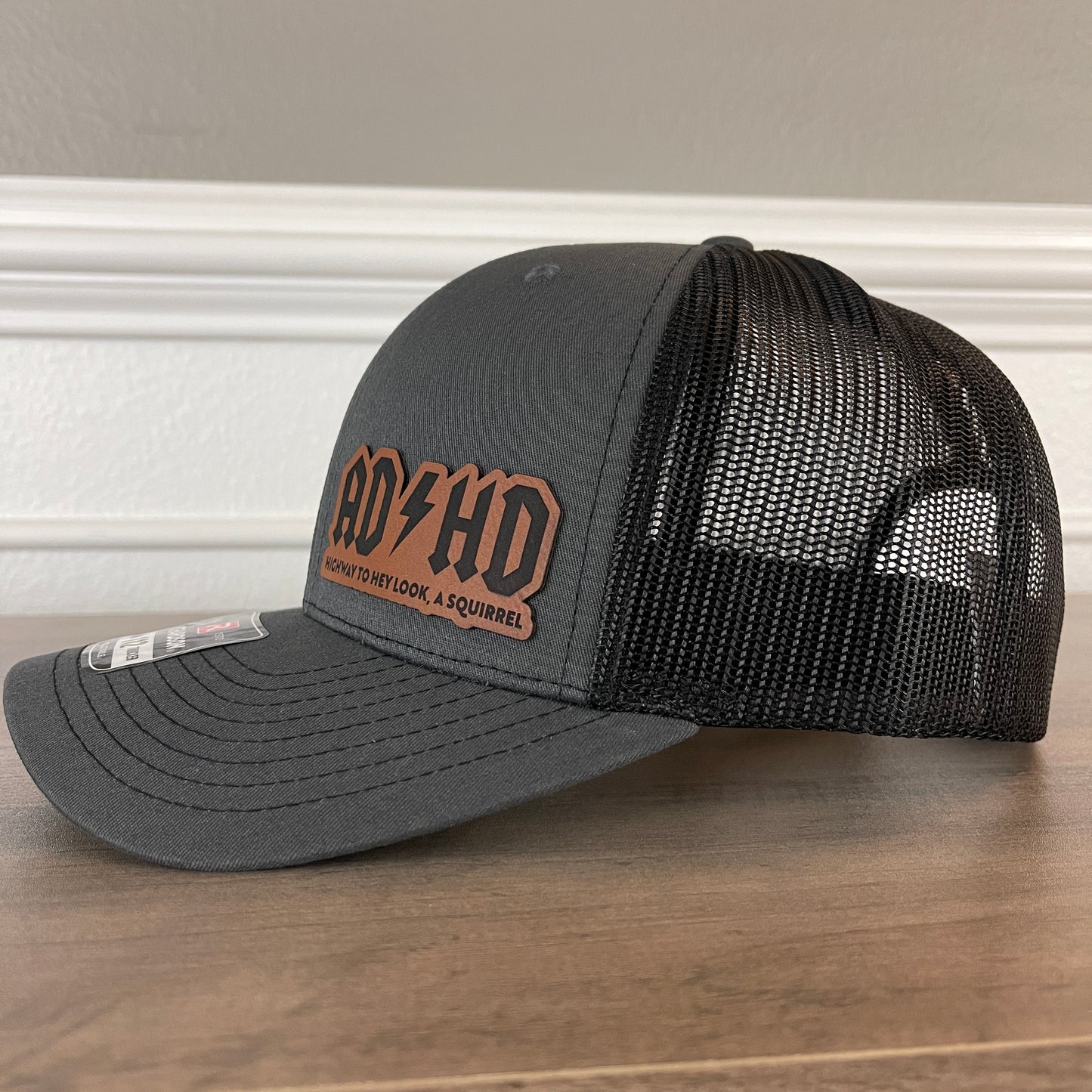 ADHD The Highway To Hey Look, A Squirrel Funny Leather Patch Hat Charcoal/Black