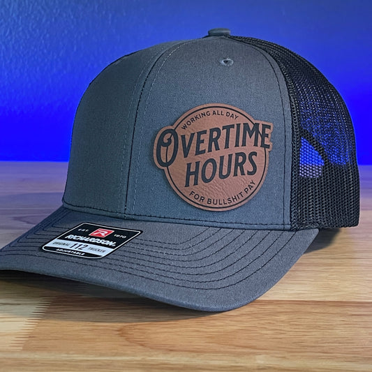 Overtime Hours Funny Country Side Leather Patch Hat Charcoal/Black