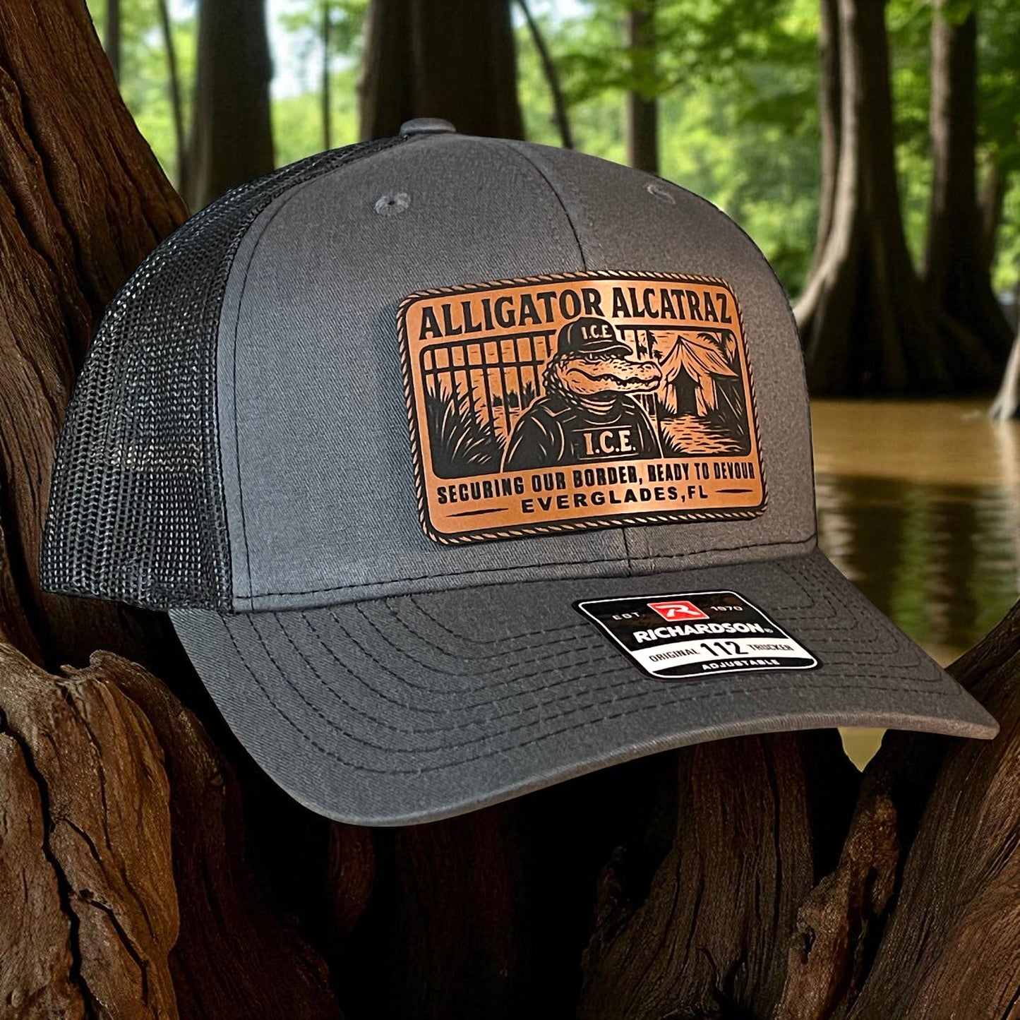Alligator Alcatraz Swamp ICE Funny Leather Patch SnapBack Trucker Hat