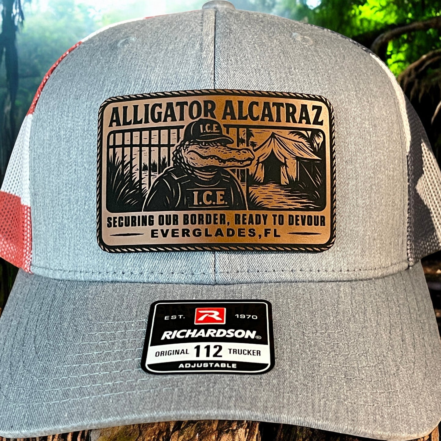 Alligator Alcatraz Swamp ICE Funny Leather Patch SnapBack Trucker Hat
