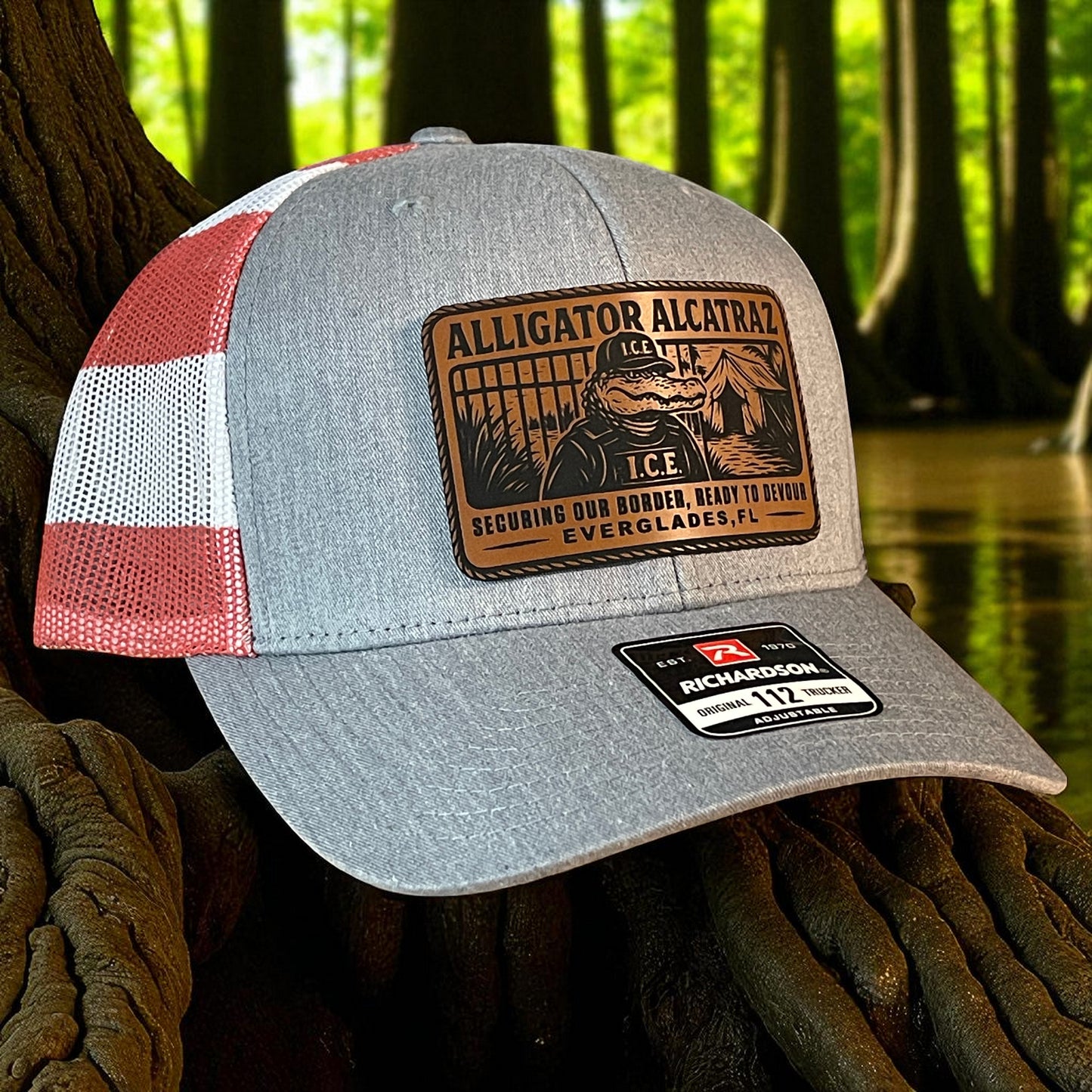 Alligator Alcatraz Swamp ICE Funny Leather Patch SnapBack Trucker Hat