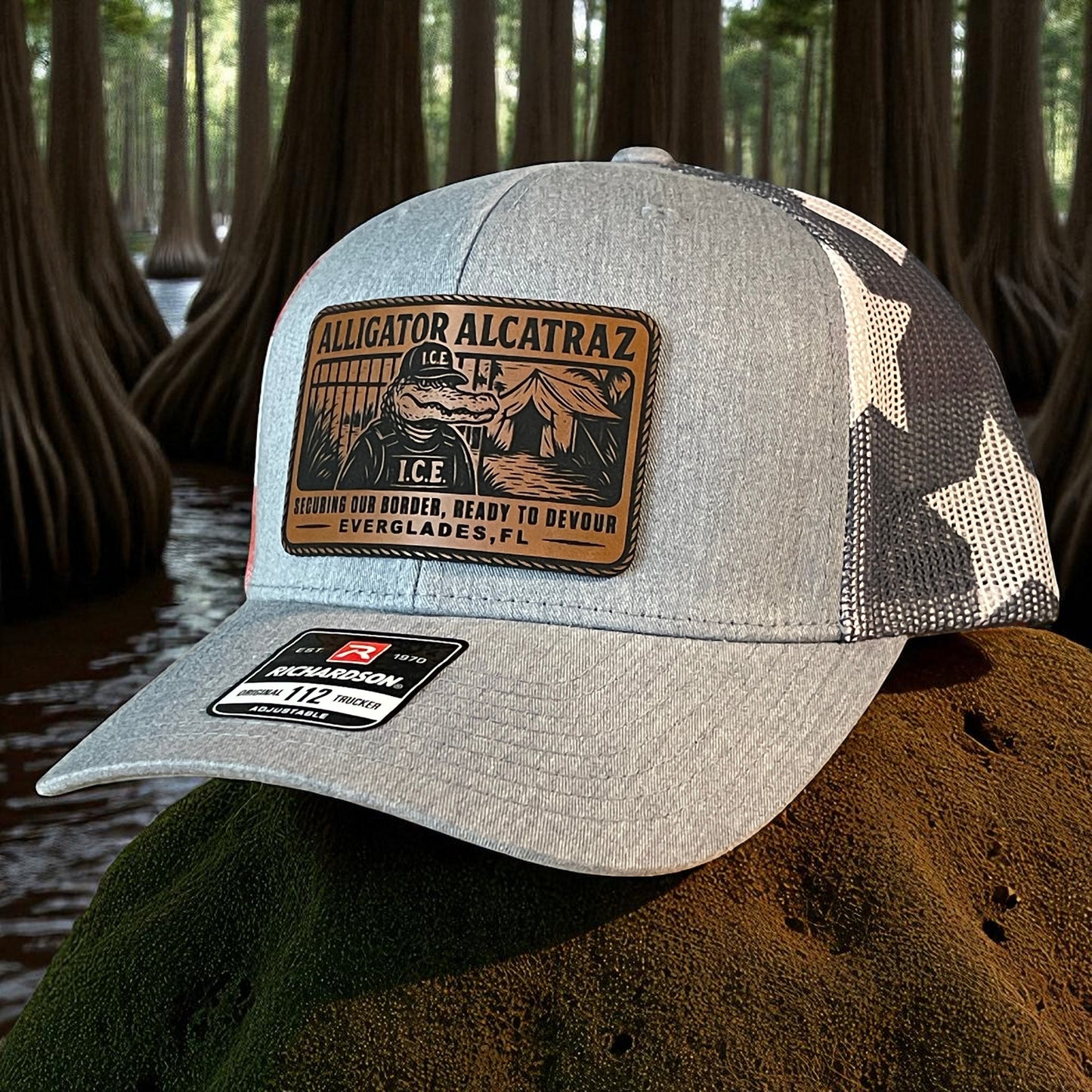 Alligator Alcatraz Swamp ICE Funny Leather Patch SnapBack Trucker Hat