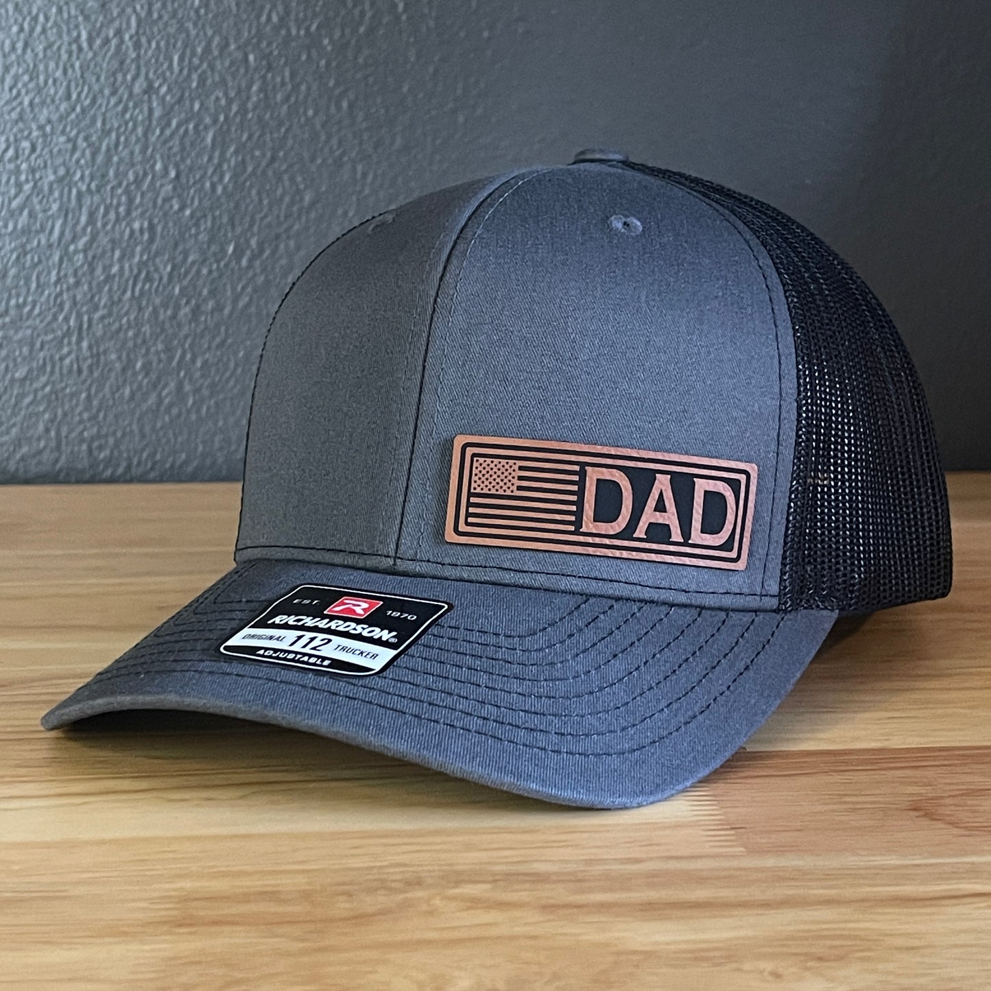 DAD American Flag Patriotic Side Leather Patch Hat Charcoal/Black