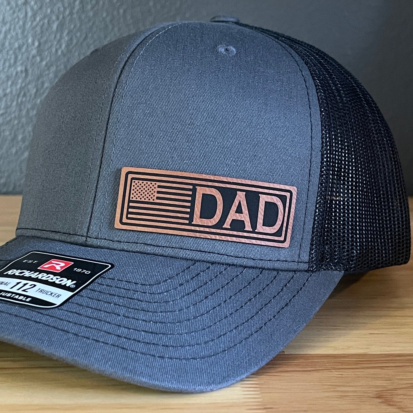 DAD American Flag Patriotic Side Leather Patch Hat Charcoal/Black