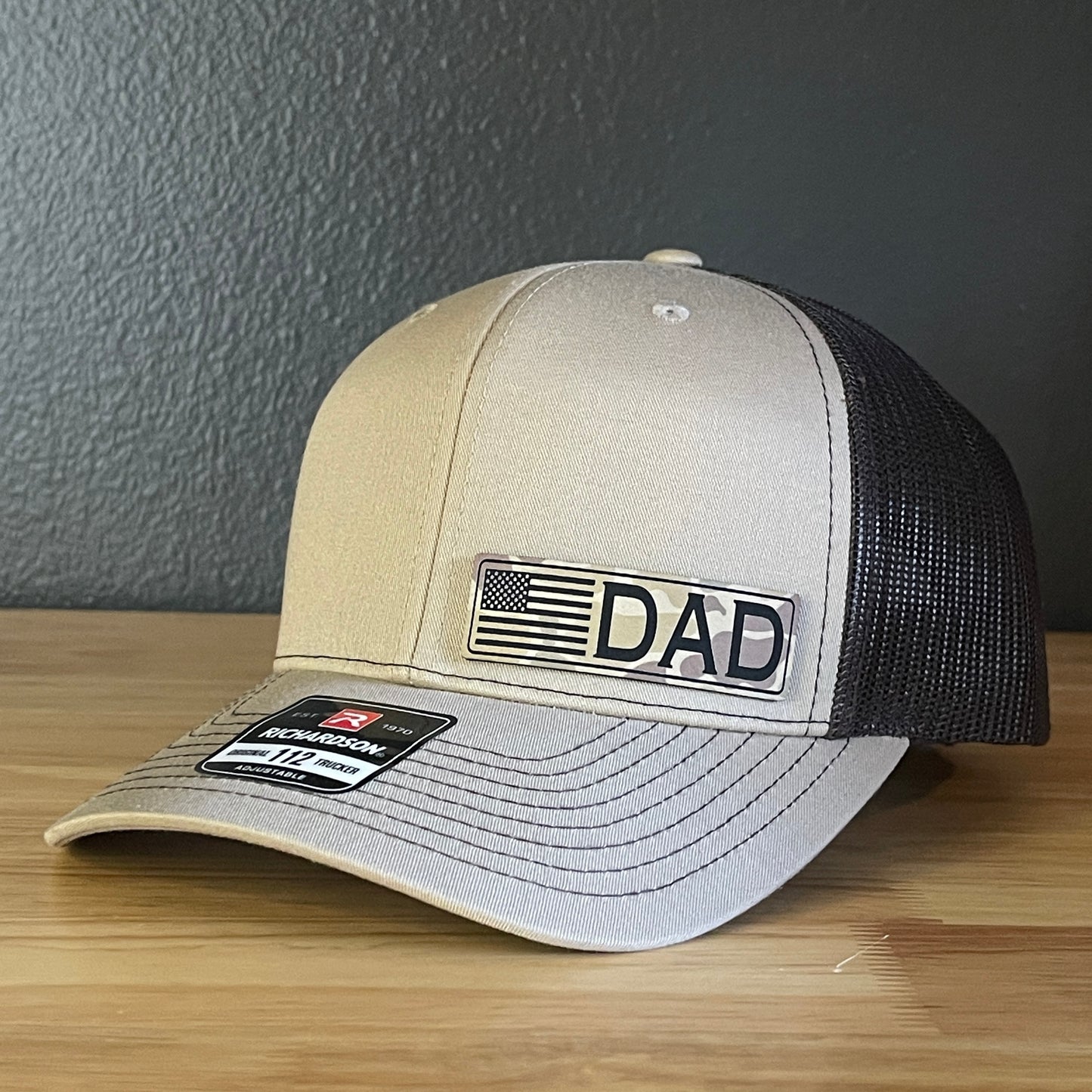 DAD American Flag Duck Camo Patriotic Side Leather Patch Hat Khaki/Brown