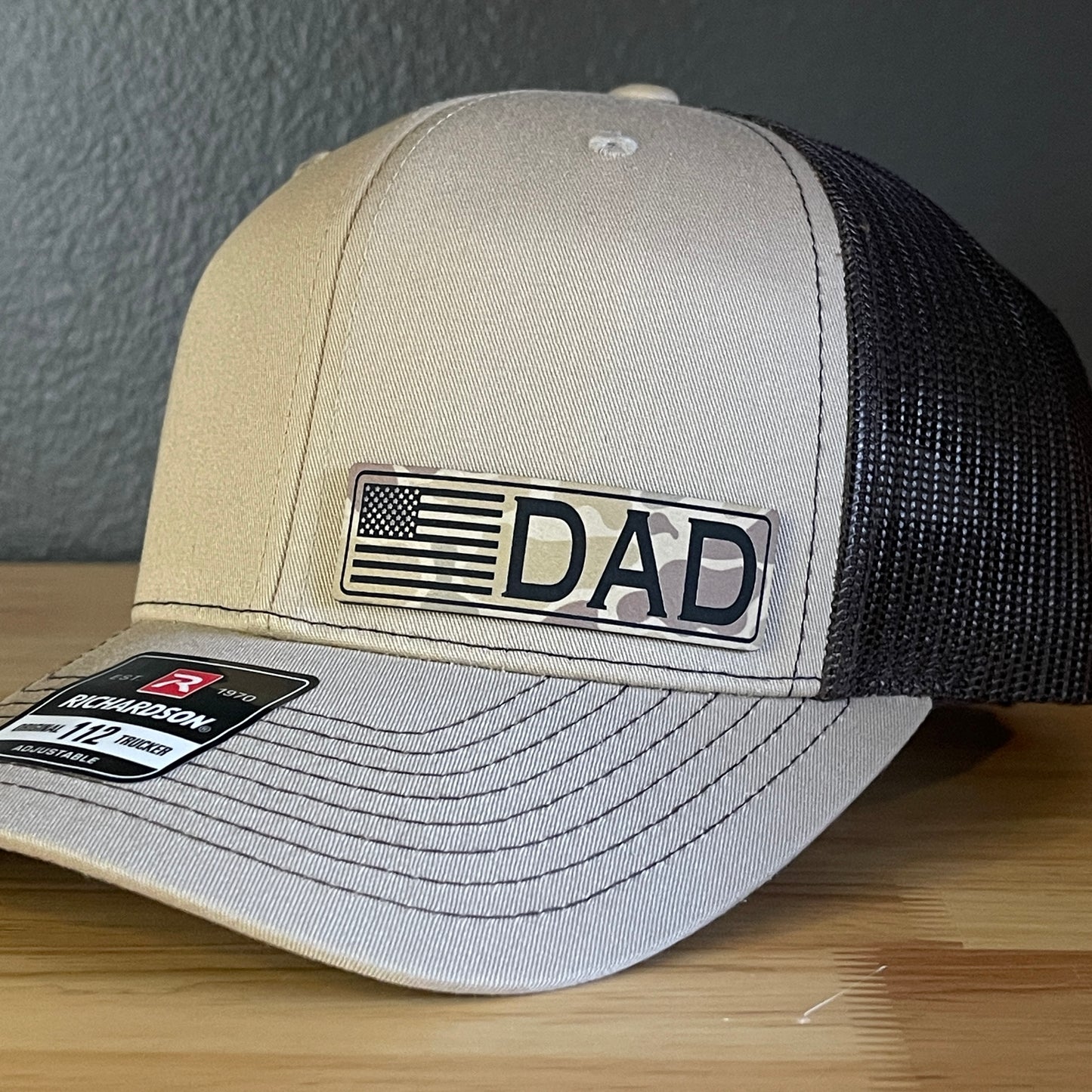 DAD American Flag Duck Camo Patriotic Side Leather Patch Hat Khaki/Brown
