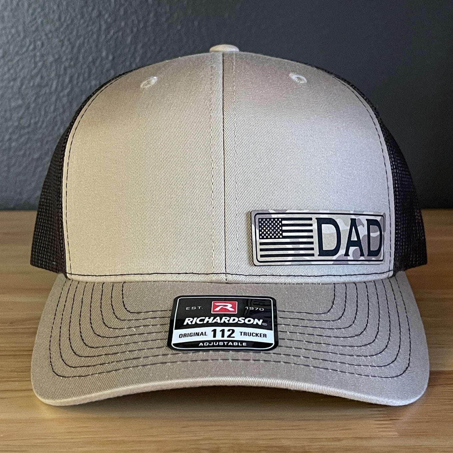 DAD American Flag Duck Camo Patriotic Side Leather Patch Hat Khaki/Brown