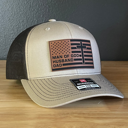 American Flag Man Of God Cross Christian SnapBack Trucker Hat Leather Patch