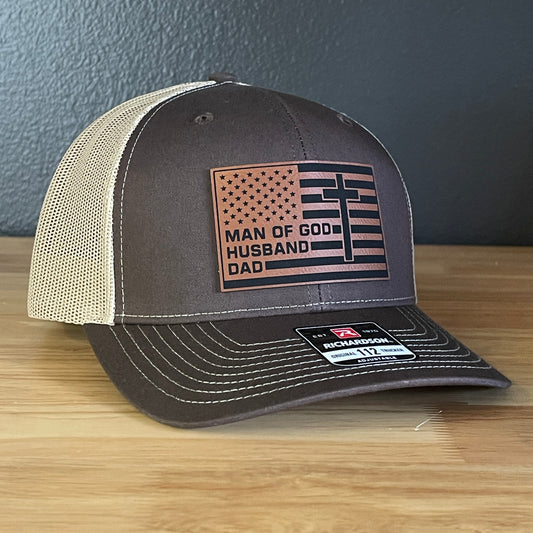 American Flag Man Of God Cross Christian SnapBack Trucker Hat Leather Patch