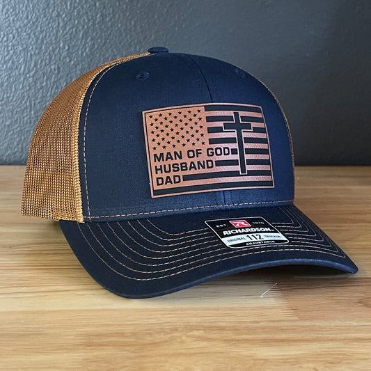 American Flag Man Of God Cross Christian SnapBack Trucker Hat Leather Patch
