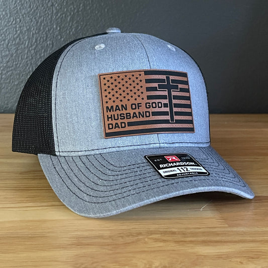 American Flag Man Of God Cross Christian SnapBack Trucker Hat Leather Patch