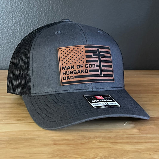 American Flag Man Of God Cross Christian SnapBack Trucker Hat Leather Patch
