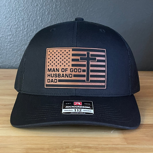 American Flag Man Of God Cross Christian SnapBack Trucker Hat Leather Patch