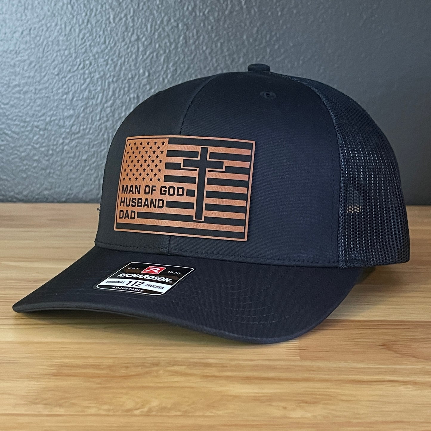American Flag Man Of God Cross Christian SnapBack Trucker Hat Leather Patch