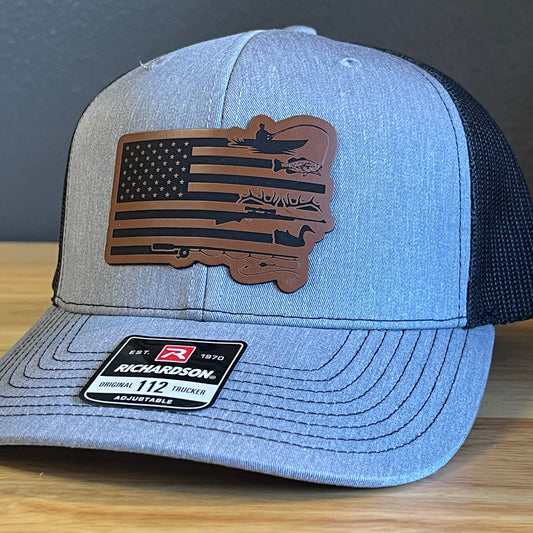 Duck Hunting and Fishing American Flag Leather Patch Hat