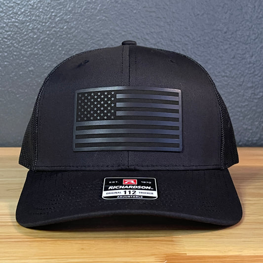 BLACK ON BLACK AMERICAN FLAG Patriotic Leather Patch Hat Black