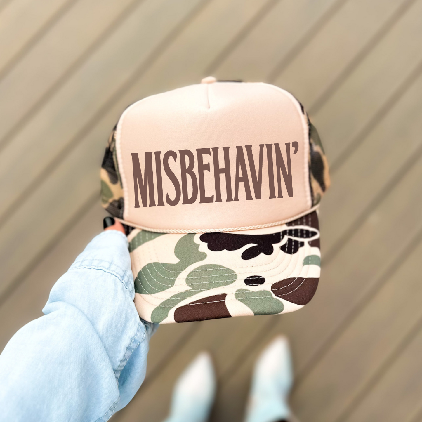 MISBEHAVIN' Classic Tan Camo Foam Women's Trucker Hat