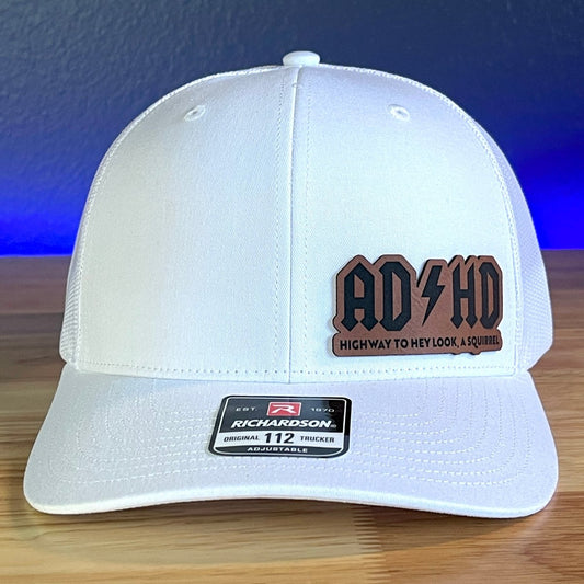 ADHD Funny Side Leather Patch Trucker Hat White Patch Hat - VividEditions