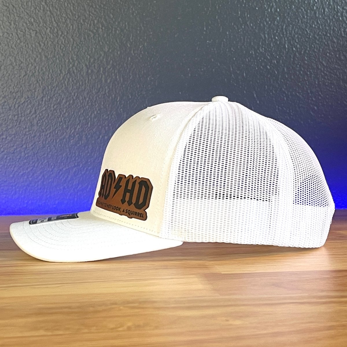 ADHD Funny Side Leather Patch Trucker Hat White Patch Hat - VividEditions