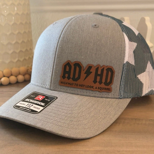 ADHD, Hey Look A Squirrel Funny Leather Patch Hat Stars & Stripes - VividEditions