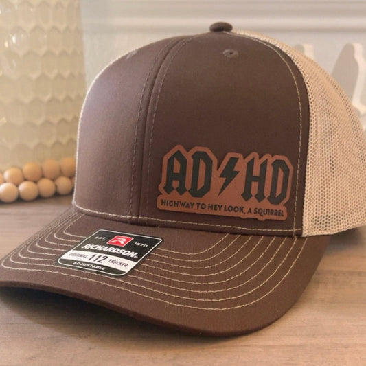 ADHD Hey Look A Squirrel Side Leather Patch Hat Brown Patch Hat - VividEditions